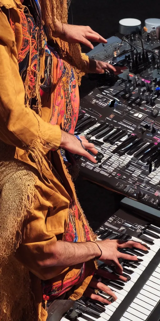 Prompt: photo of a gypsy musician playing electronic music on his Yamaha synthesizer, synthwave, expressive,