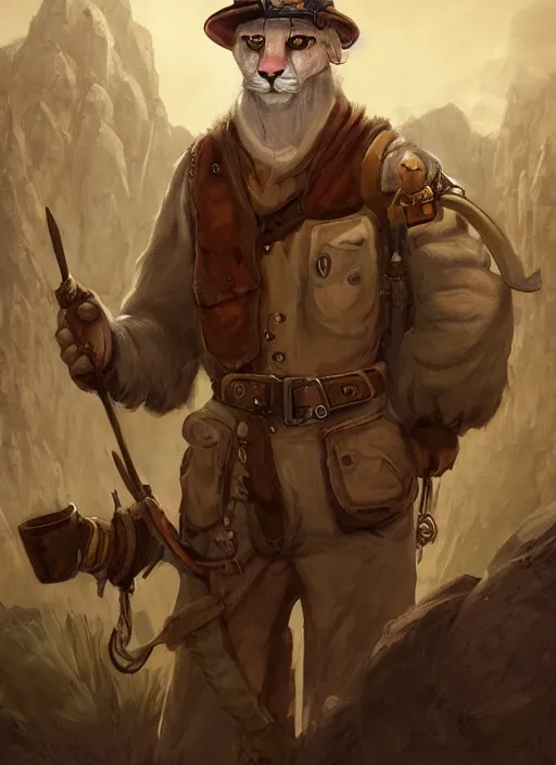 Image similar to fursona commission of a anthro albino mountain lion wearing old-timey miner's clothes. pretty, beautiful, DnD character art portrait, matte fantasy painting. Desert mining town. DeviantArt Artstation, by Jason Felix by Steve Argyle by Tyler Jacobson by Peter Mohrbacher, cinematic lighting