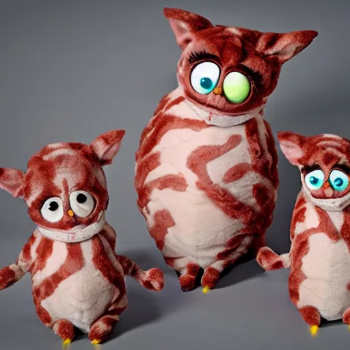 Prompt: photo of long furbies made of meat intertwining