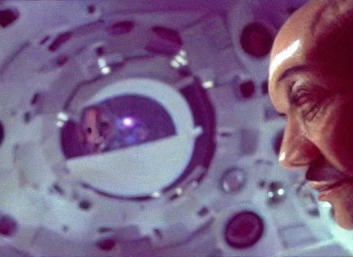 Image similar to film still of young old Cheech Marin flying through wormhole as Dr. Dave Bowman in 2001 A Space Odyssey