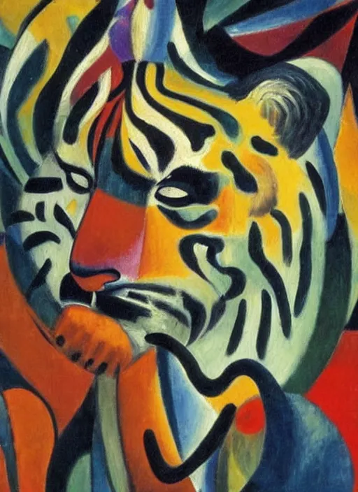 Prompt: an oil painting of a tiger, by Ernst Wilhelm Nay, symbolist, soft colors, dramatic lighting, smooth, sharp focus, extremely detailed, aesthetically pleasing composition