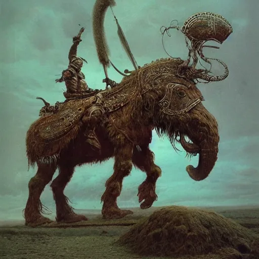 Prompt: ancient norse mammoth rider, wearing norse armor, intricated, hyper detailed, beksinski