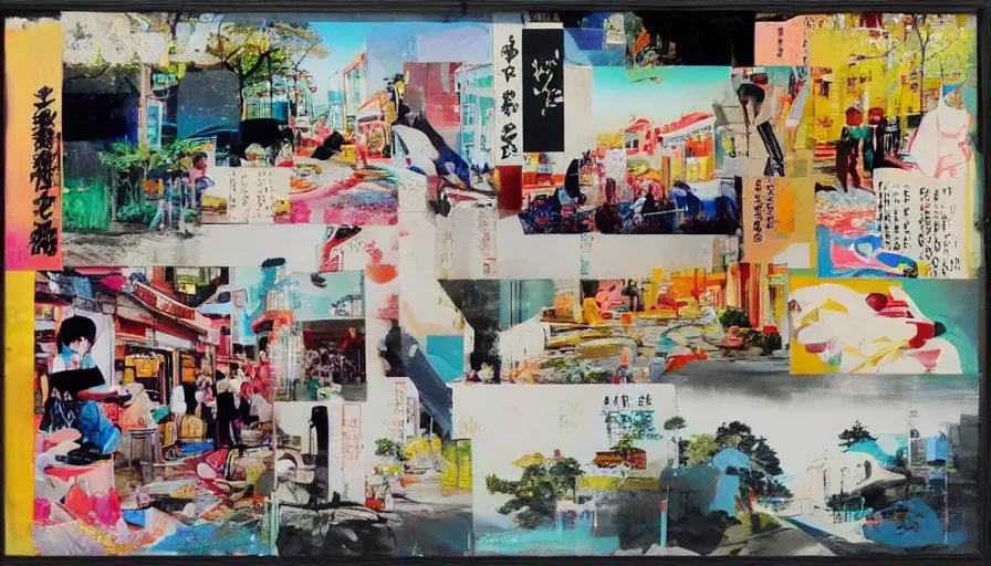 Prompt: Japan rural travel, food. craft and adventure, a camera isolated on a minimalist white acrylic base coat, acrylic airbrush collage-painting by Jules Julien, Leslie David and Lisa Frank, muted colors with predominant white background minimalism, lots of negative space, neon color mixed media painterly details, neo-classical composition, rule of thirds, design tension, impactful graphic design