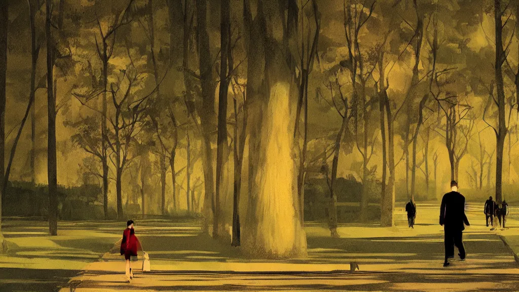 Image similar to A stroll in the park, in the style of David Lynch, by Wes Anderson, concept art, artstation