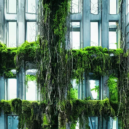 Image similar to “derelict architecture single building , the windows are covered in moss with growing vines, building designed by architect Zaha Hadid, architecture digest, building surrounded in a luxury environment, bright tones, fluorescent lighting,volumetric Lighting, photorealism, high detail, golden ratio, cinematic, octane renderer”