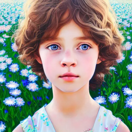 Image similar to a painting of a little girl with short wavy curly light brown hair and blue eyes, sitting in a field of flowers. beautiful detailed face line art by ilya kuvshinov and