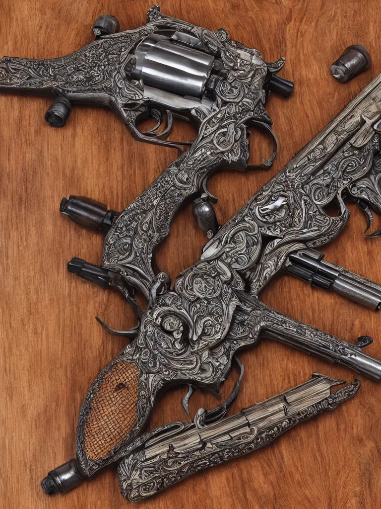 Prompt: wood carving in oak pine beechwood of an intricate design of firearms guns bullets revolvers and rifles, dramatic lighting, hyperrealistic, ultrarealistic, intricate details, 4k, unreal 5, digital art