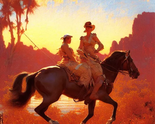 Image similar to female sheriff riding at sunset, highly detailed painting by gaston bussiere, craig mullins, j. c. leyendecker 8 k