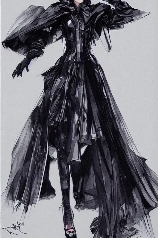 Image similar to dior haute couture dress, concept art, dark colors, high end fashion, style by yoji shinkawa, full body shot