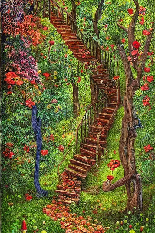 Image similar to digital painting detailed forest tree with door and stairs, magical forest flowers mushrooms painted by Michael Cheval