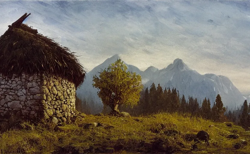 Prompt: Hagrid's hut made of stone, in landscape, early evening, mist, matte painting, dark forest on background, oil painting by Isaac Levitan and Vasily Perov