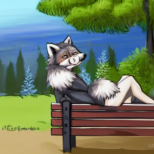 Image similar to furry artwork of female furry wolf sitting on a park bench enjoying a coffee, sunny day, furry art, furry, furaffinity, deviantart furry, anthro,