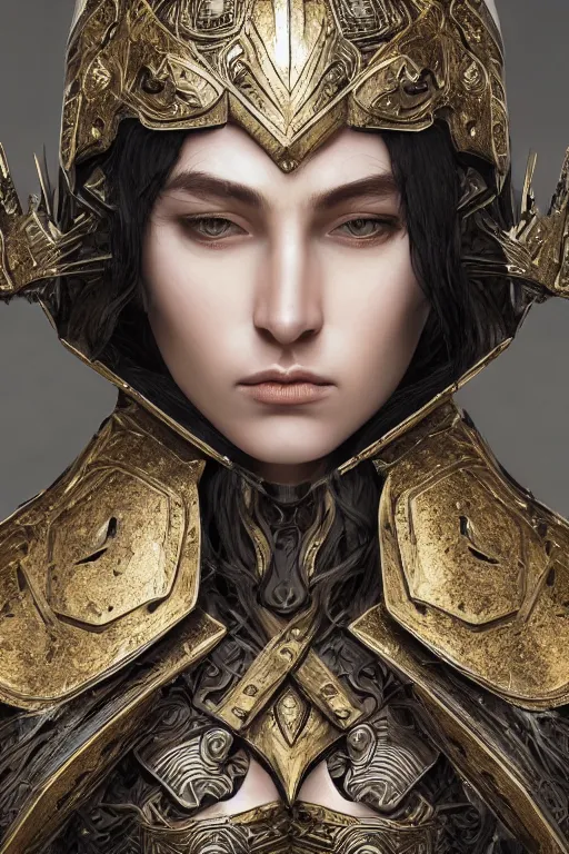 Image similar to onestylised woman , fair skin, big eyes, long black hair, no bangs, wearing sculpted textured armour, closes her eye, battle damage, intricate complexity, close-up of the front of the face, resolute expression, back lighting, 4K resolution, symmetric, clear facial features, by Ruan Jia and Mandy Jurgens and William-Adolphe Bouguereau, Karol Bak, smooth, sharp focus, rich deep colors, digital render, intricate, ultra realistic, concept art