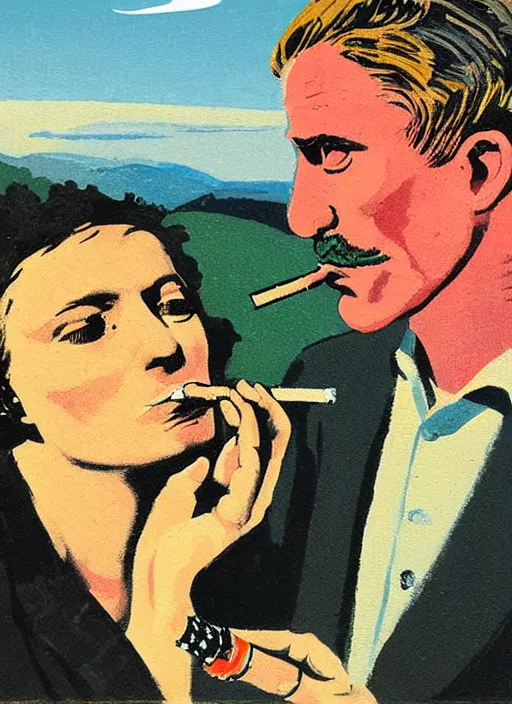 Prompt: an extreme close - up portrait of a couple smoking a cigarette in a scenic representation of mother nature and the meaning of life by billy childish, thick visible brush strokes, shadowy landscape painting in the background by beal gifford, vintage postcard illustration, minimalist cover art by mitchell hooks