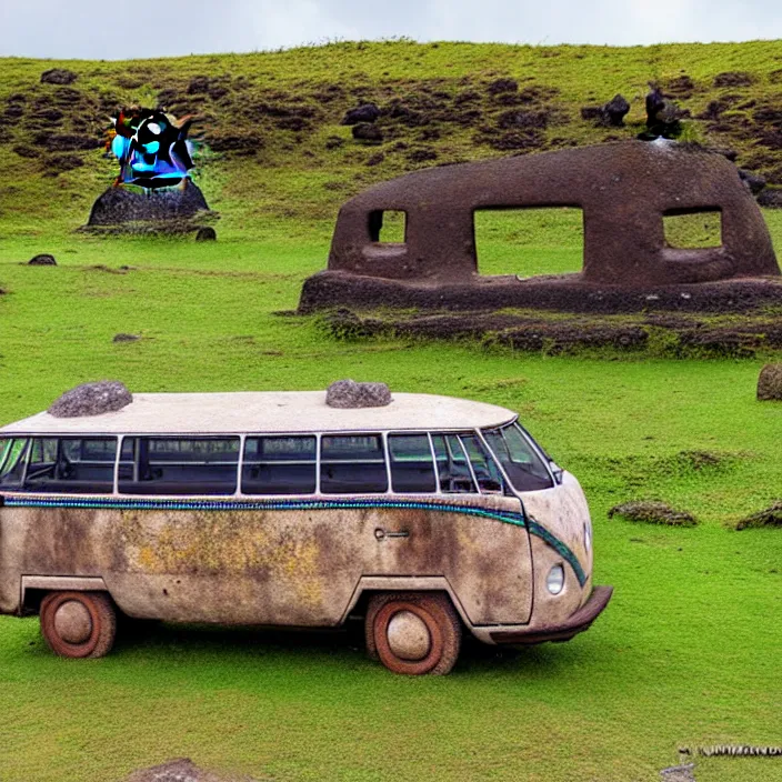 Prompt: ancient vw bus made of stone on the besch, moai from rapa nui style