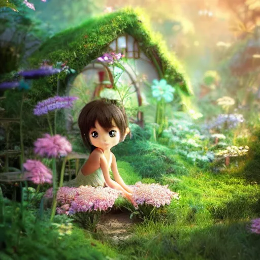 Image similar to a tiny cute fairy in a flower house, realistic beautiful face, large eyes, cute, adorable, volumetric light, octane render, studio ghibli, trending on artstation