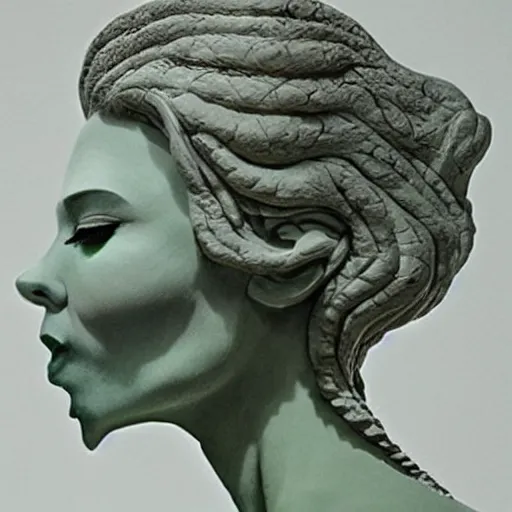 Image similar to A beautiful sculpture of a person in profile, with their features appearing both in front of and behind their head. ice carving by Roger Dean dreadful