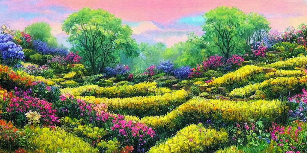 Image similar to painting of terraced gardens, beautiful, colorful, fantasy