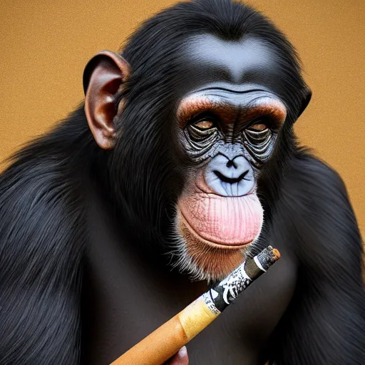 Image similar to a high detail painting of a chimp wearing a suit 👔,and smoking a cigarrette🚬, cgcosiety, artstation, unreal engine, realism