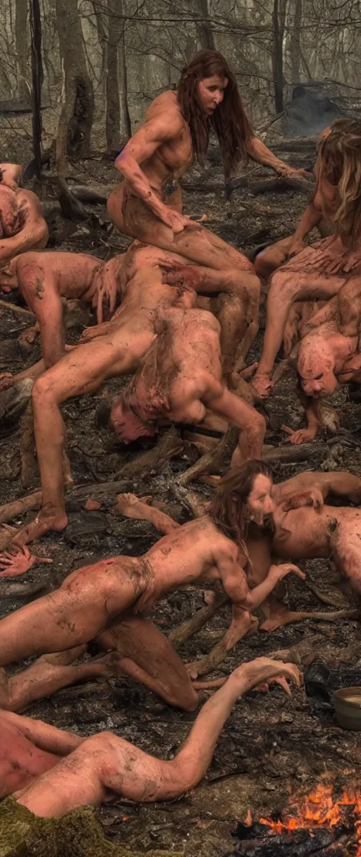 Image similar to and 8 k uhd photo of some witches in the woods with skin and muscle and blood dancing and crawling around a fire pit