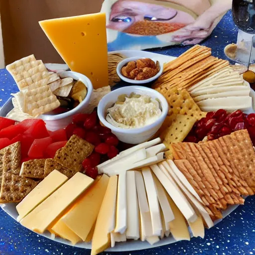 Prompt: brie larson as cheese and crackers platter