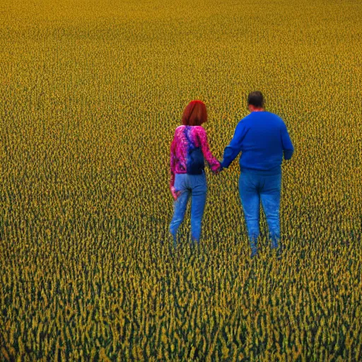 Prompt: A person meeting another person above a van Gogh style field while both person are surrounded by a colourfull wind around their chests, dream, 40nm lens, shallow depth of field, split lighting, 4k,