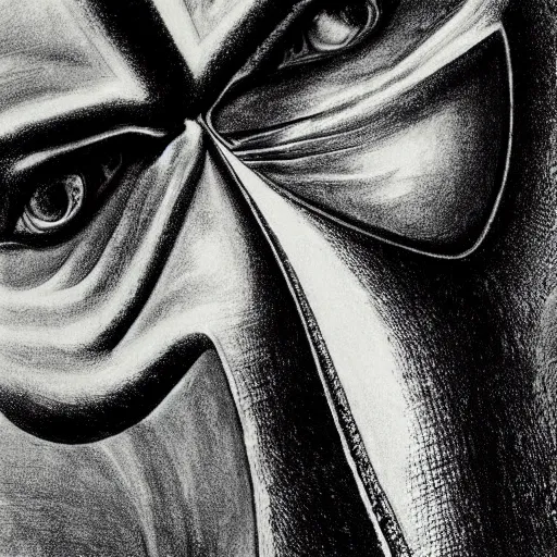 Image similar to Close-up of Femto from Berserk, pencil drawing. El Greco, Remedios Varo, Salvador Dali, Carl Gustav Carus, John Atkinson Grimshaw. Blue tint. Symetrical, logo, geometric shapes.