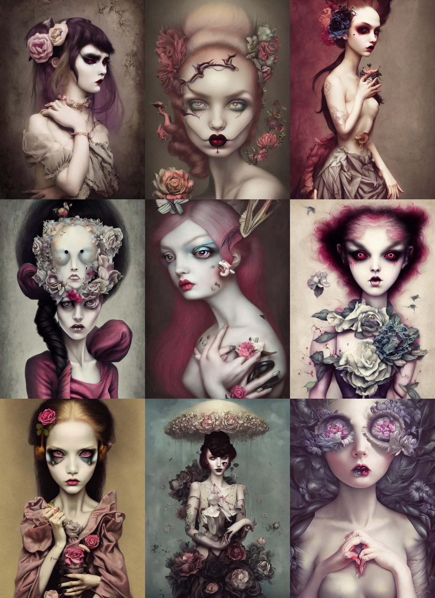 Prompt: very sinister intelligent girl, pop surrealism, lowbrow art, realistic haute couture painting, japanese street fashion, hyper realism, muted colours, rococo, natalie shau, loreta lux, tom bagshaw, mark ryden, trevor brown style,