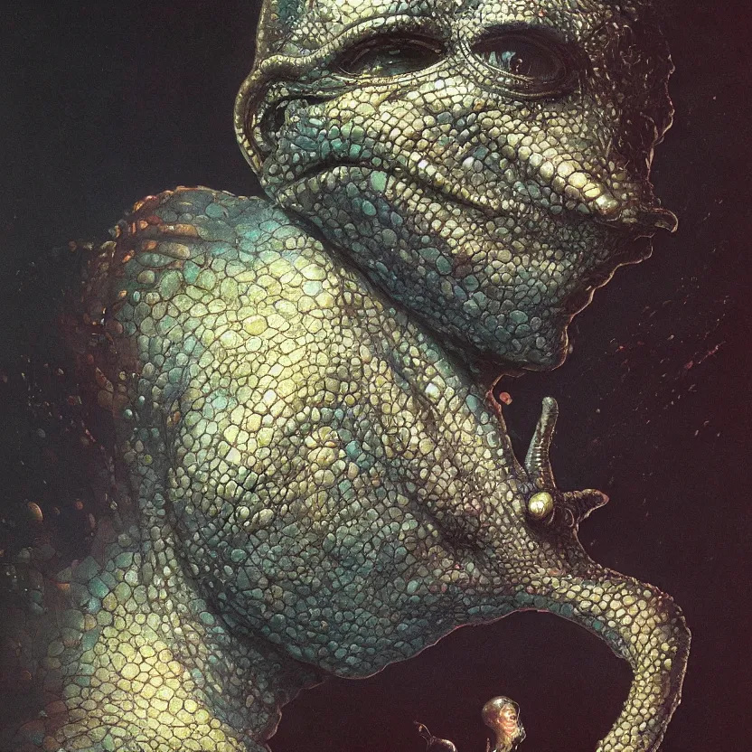 Prompt: a neoclassicist close - up portrait of a an otherworldy entity with surrealist lizard features. iridescent reflective alien textures. foggy black background. highly detailed science fiction painting by norman rockwell, frank frazetta, syd mead and moebius. rich colors, high contrast, gloomy atmosphere, dark background. trending on artstation.