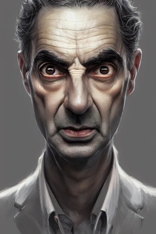 Prompt: highly detailed portrait of an elegant mr bean, ornate crown, beautiful symmetrical face, glowing skin, digital painting, artstation, concept art, smooth, clear focus, illustration, greg rutkowski, artgerm, global lighting, detailed and fantasy