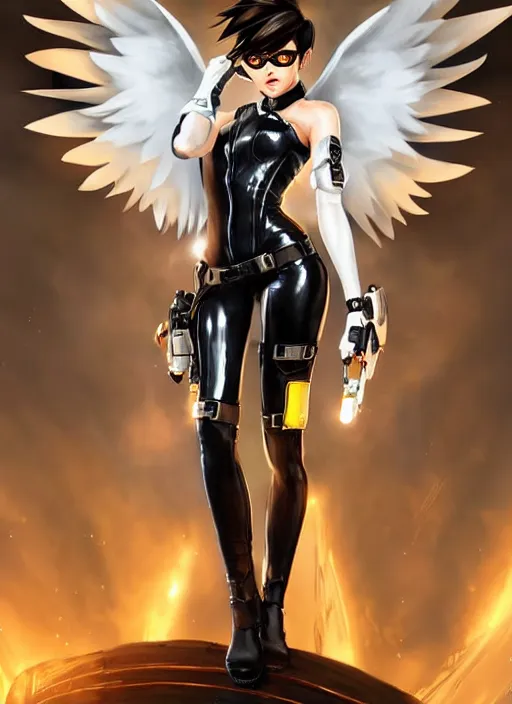 Image similar to full body artwork of tracer overwatch, wearing black latex outfit, in style of mark arian, angel wings, dramatic painting, wearing detailed leather collar, black shiny armor, chains, black harness, detailed face and eyes,