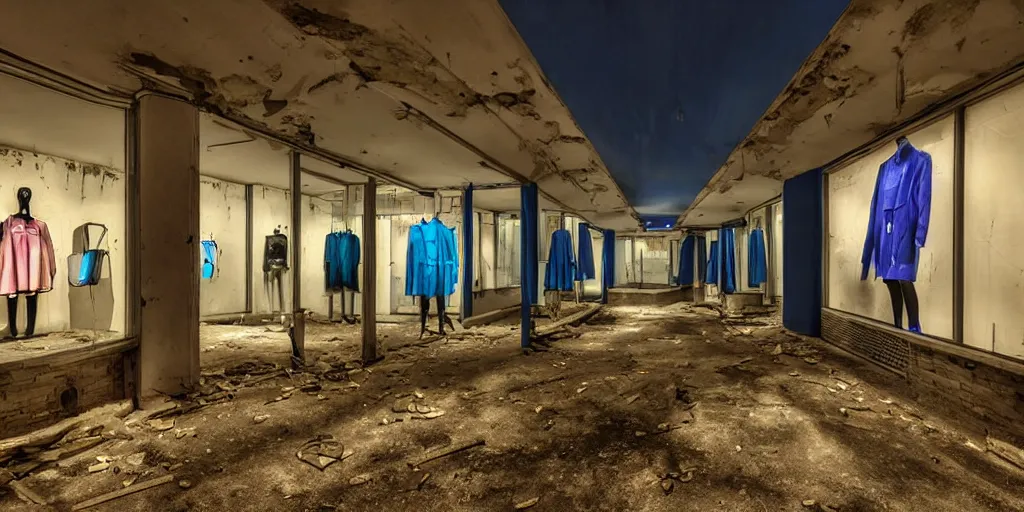 Prompt: eerie abandoned clothing shop in the mall at night, dark, blue lighting, award - winning anime digital art