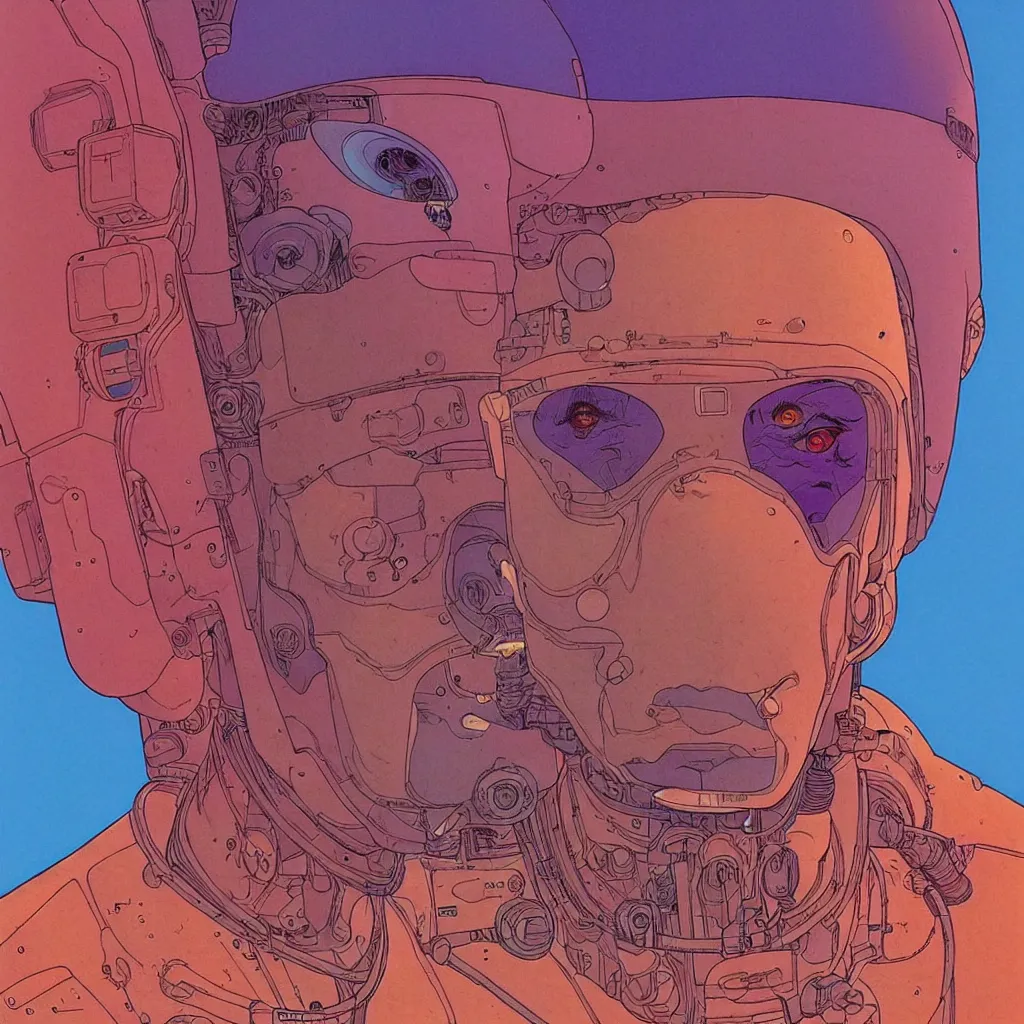 Prompt: centered detailed portrait of a beautiful cyborg in the desert, single character, volumetric, sci fi, terror scheme | coherence | art by jean giraud and moebius