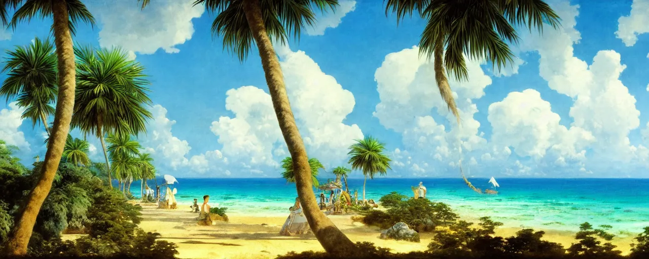 Prompt: ghibli illustrated background of a strikingly beautiful blue sky with puffy white clouds over a tropical beach with palm trees by eugene von guerard, ivan shishkin, john singer sargent, 4 k