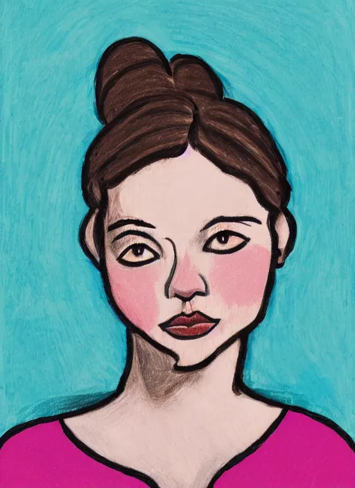 Prompt: a portrait of a cute, playful young woman, head and shoulders, stylized, strong lines by laura brouwers