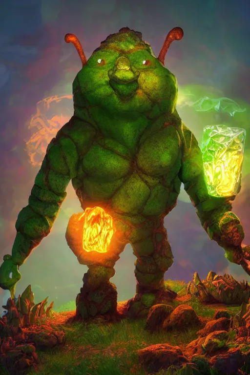 Image similar to arcane fantasy art giant golem elemental wood rock bastion forged gemstone enchanted forest troll, global illumination ray tracing hdr fanart arstation by sung choi and eric pfeiffer and gabriel garza and casper konefal lisa frank zbrush central hardmesh radiating a glowing aura