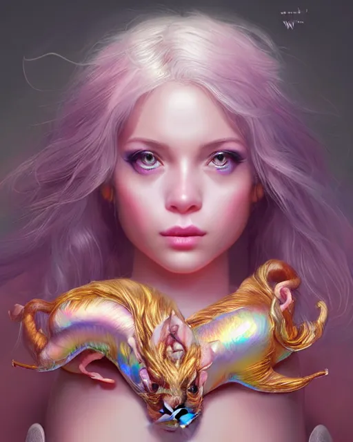 Image similar to cute female woman rat chimera of iridescent liquid, alchemy, shiny plastic, intricate, bloom, detailed, volumetric lighting, sharp focus, photorealism, digital painting, highly detailed, concept art, by by artgerm and wlop