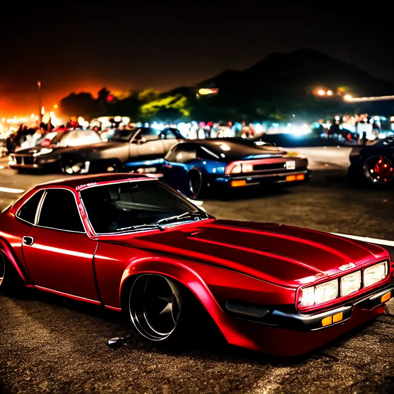 Image similar to a car S30 twin turbo drift at illegal car meet, Gunma prefecture, city midnight mist lights, cinematic lighting, photorealistic, highly detailed wheels, high detail