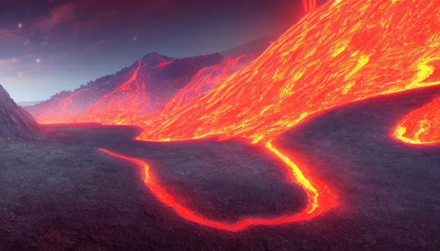 Prompt: a volcanic landscape, golden flowing lava, cinematic lighting, behance hd, trending on artstation, global illumination, radiating, a glowing aura, ray tracing, hdr, matte painting