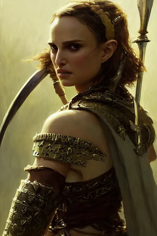 Image similar to natalie portman, legendary warrior, heroic, lord of the rings, tattoos, decorative ornaments, battle armor, by carl spitzweg, ismail inceoglu, vdragan bibin, hans thoma, greg rutkowski, alexandros pyromallis, perfect face, fine details, realistic shading photorealism