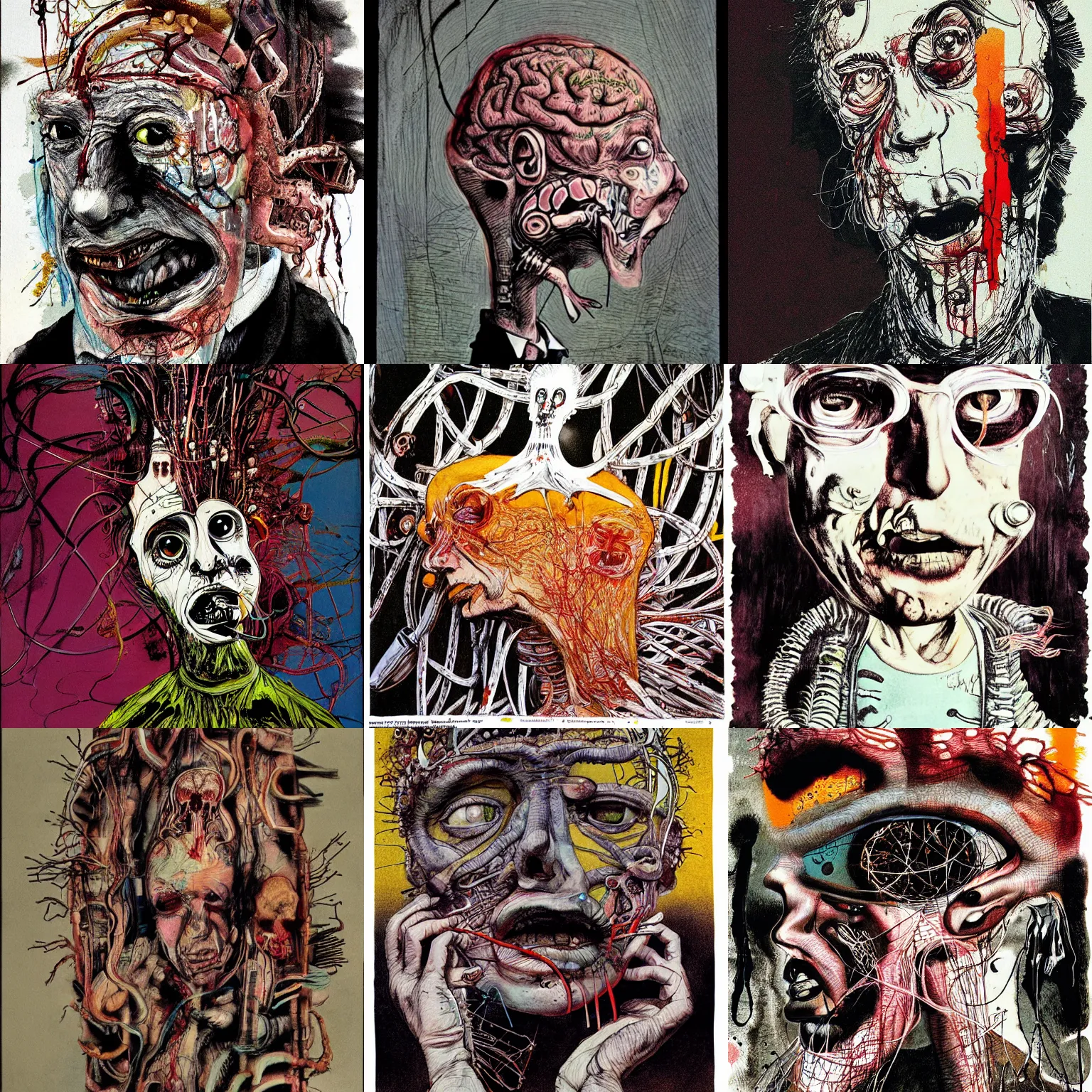 Prompt: Graphic Illustration, Creative Design, Human brain, Biopunk, Body horror, by Ralph Steadman, Francis Bacon, Hunter S Thompson