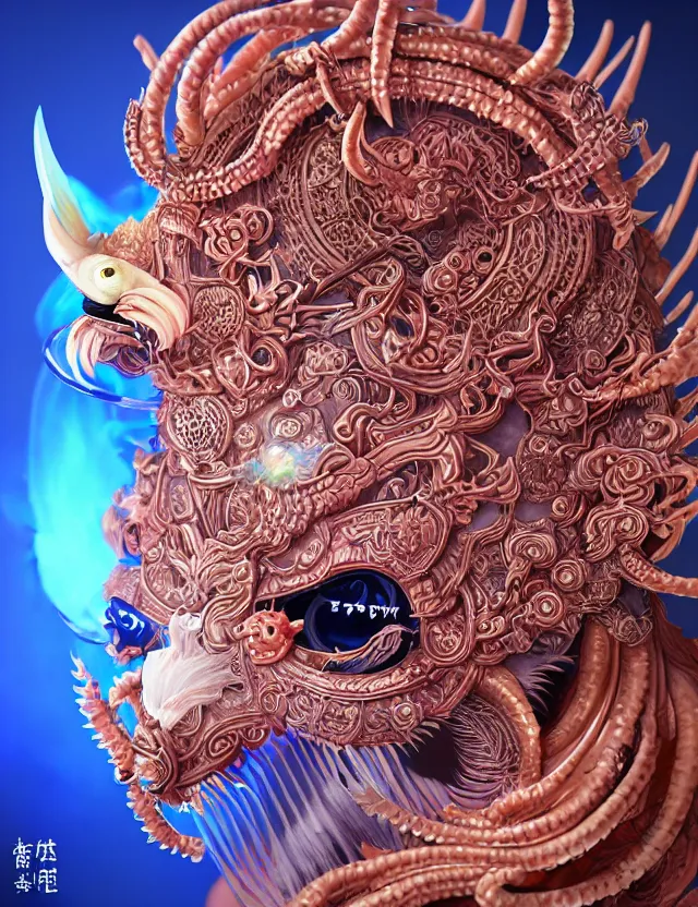 Image similar to 3 d goddess close - up profile satan biohazard portrait with crown, ram skull. beautiful intricately detailed japanese crow kitsune mask and clasical japanese kimono. betta fish, jellyfish phoenix, bio luminescent, plasma, ice, water, wind, creature, artwork by tooth wu and wlop and beeple and greg rutkowski