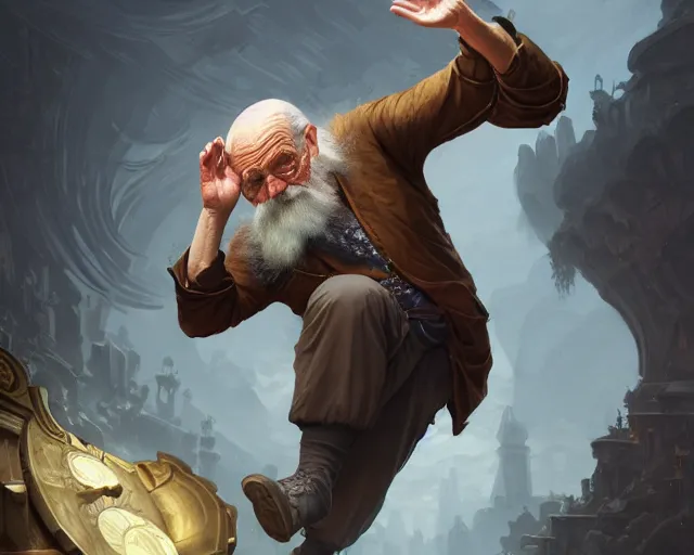 Image similar to old man doing a cartwheel, deep focus, d & d, fantasy, intricate, elegant, highly detailed, digital painting, artstation, concept art, matte, sharp focus, illustration, hearthstone, art by artgerm and greg rutkowski and alphonse mucha