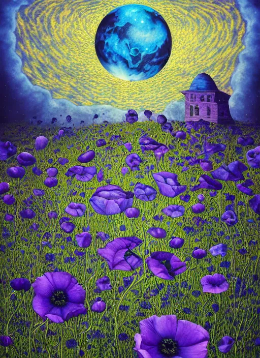 Image similar to detailed, intricate blue black and purple papaverum flower on the field, nebula, galaxy in the sky, winning award masterpiece, fantastically beautiful, illustration, aestheticly inspired, jacek yerka, upscale with anguissola sofonisba work, artstation, 8 k