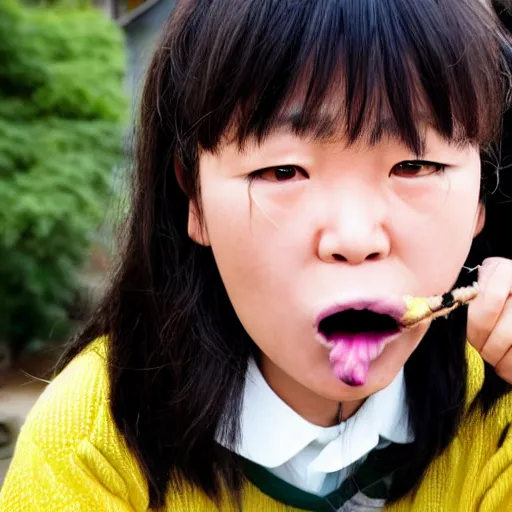 Image similar to National Geographic photo of angry japan school girl with spiders in her mouth