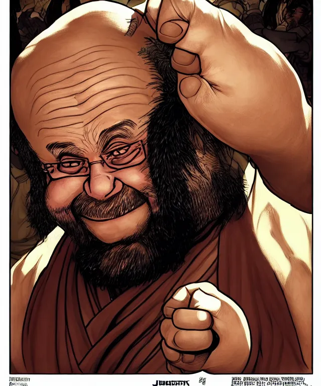 Prompt: a ( fantasy comic ) ( cover art ) portrait of a drunken dwarf monk who looks like ( danny devito in taxi ), digital illustration by jenny frison and sana takeda and kentaro miura, fine inking lines, dnd, highly detailed!, hd, 4 k, trending on artstation