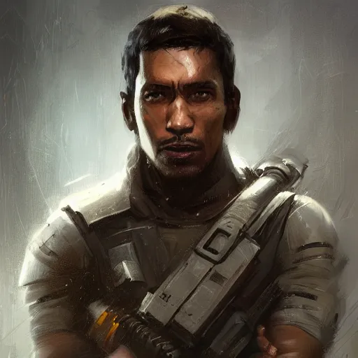 Image similar to portrait of a man by greg rutkowski, arlen fett, samoan features, short black hair, strong and tall, star wars expanded universe, he is about 3 0 years old, wearing tactical gear, digital painting, artstation, concept art, smooth, sharp foccus ilustration, artstation hq