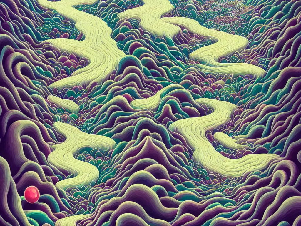 Prompt: a collision of exploding black hearts and white hearts in surreal form of an endless lonely long and winding path through an isometric fantasy forested mountains and lakes landscape, vivid vibrant geometric art nouveau. trending on pixiv and artstation. an absurdly detailed oil painting