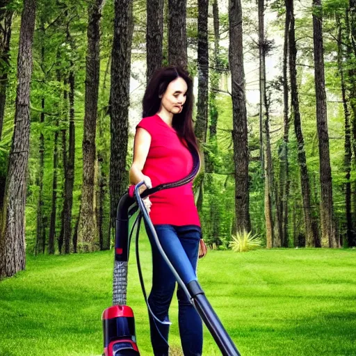 Image similar to lady walking a vacuum in a scary wood