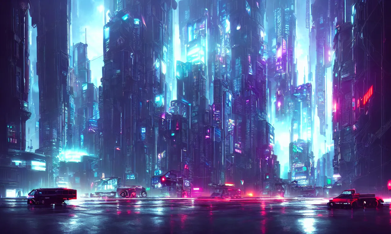 Image similar to photorealistic cyberpunk night city with flying robot and cybertruck with big mutant, digital paint, reflections, heavy rain, beautiful concept art, high detail, trending on artstation